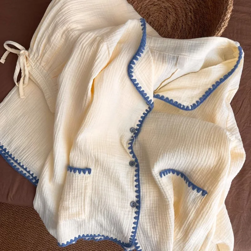 Pijamas de retazos para mujer, ropa de dormir coreana de otoño, conjuntos de pantalones con bolsillos, ropa de noche de manga larga de 2 piezas, traje para casa con botones, nuevo