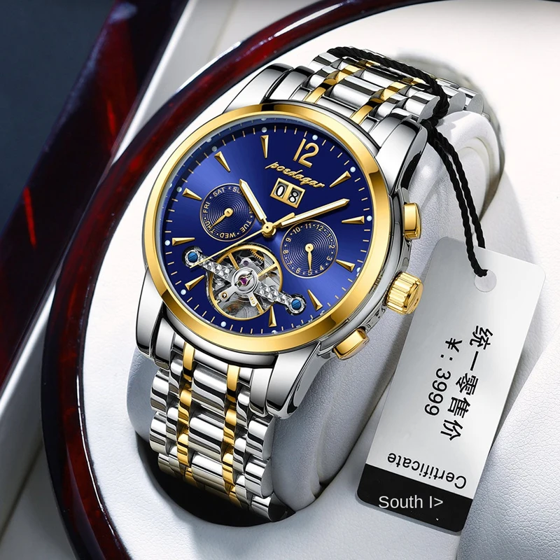 POEDAGAR Luxury Tourbillon Mechanical Watch for Men Stainless Steel Waterproof Luminous Fashion Automatic Calendar Mens Watches