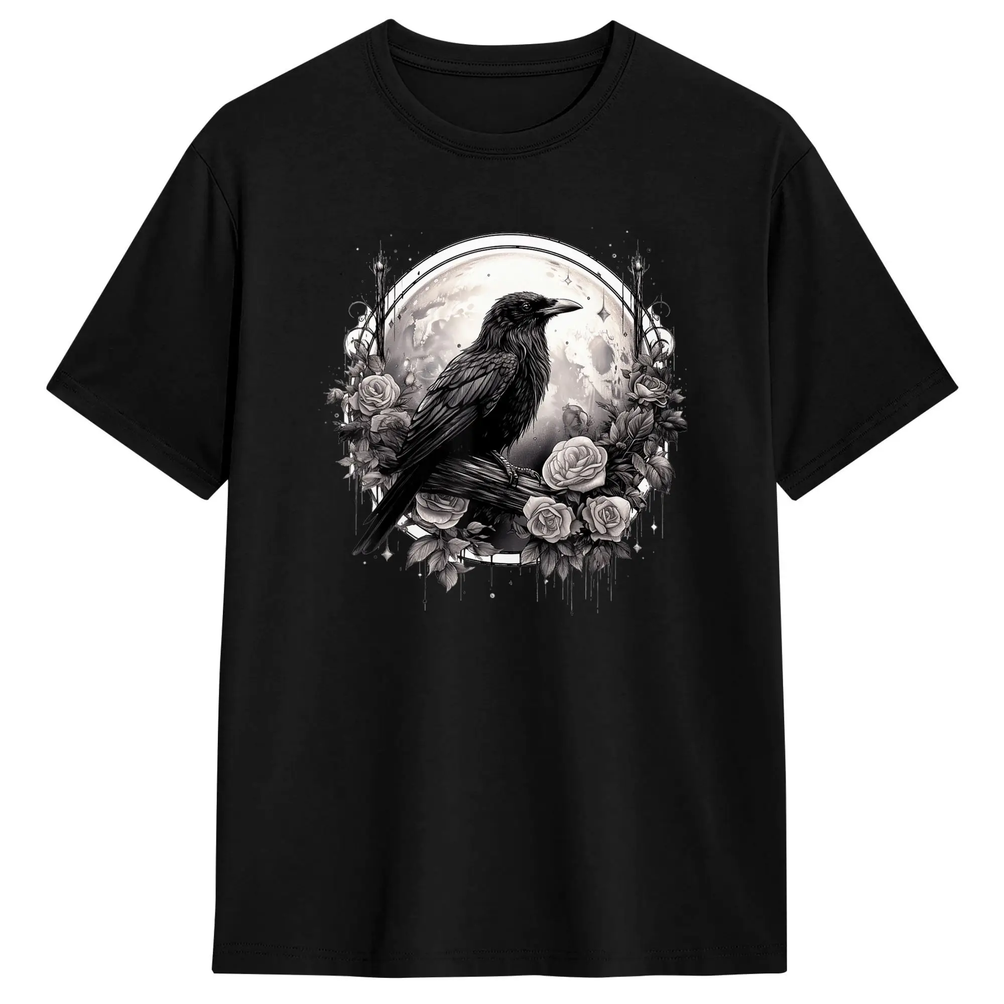 Raven Full Moon Gothic Witchy Crow Roses Men T Shirts  Vintage Tee Shirt Short Sleeve O Neck T-Shirt Cotton Classic Clothes