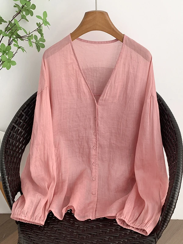 

Loose Fit Women's irt V-Ne Long Sve Pink Button Japanese Sle Fre Cotton Casual Wear Autumn New Arrival