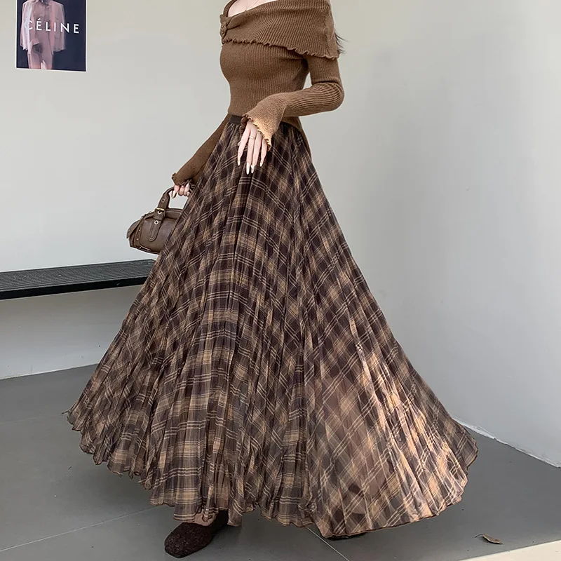 กระโปรงยาวทรงเอเอวสูงลายสก๊อตสำหรับผู้หญิง กระโปรงยาวทรงเอแบบอสมมาตรสไตล์เกาหลี กระโปรงผ้าทูลหลายชั้น กระโปรงจีบสำหรับงานปาร์ตี้