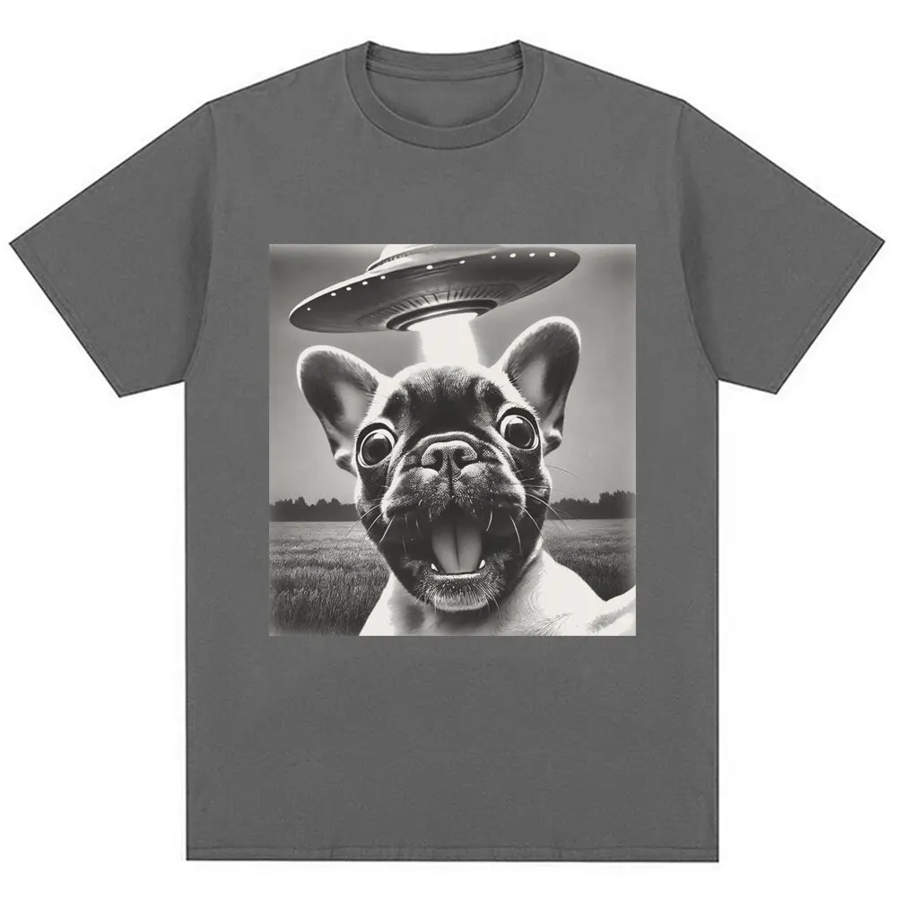 French Bulldog UFO Funny Meme Graphic T-shirt Vintage Fashion Men Women Short Sleeve Oversized Cotton Summer T Shirts Streetwear
