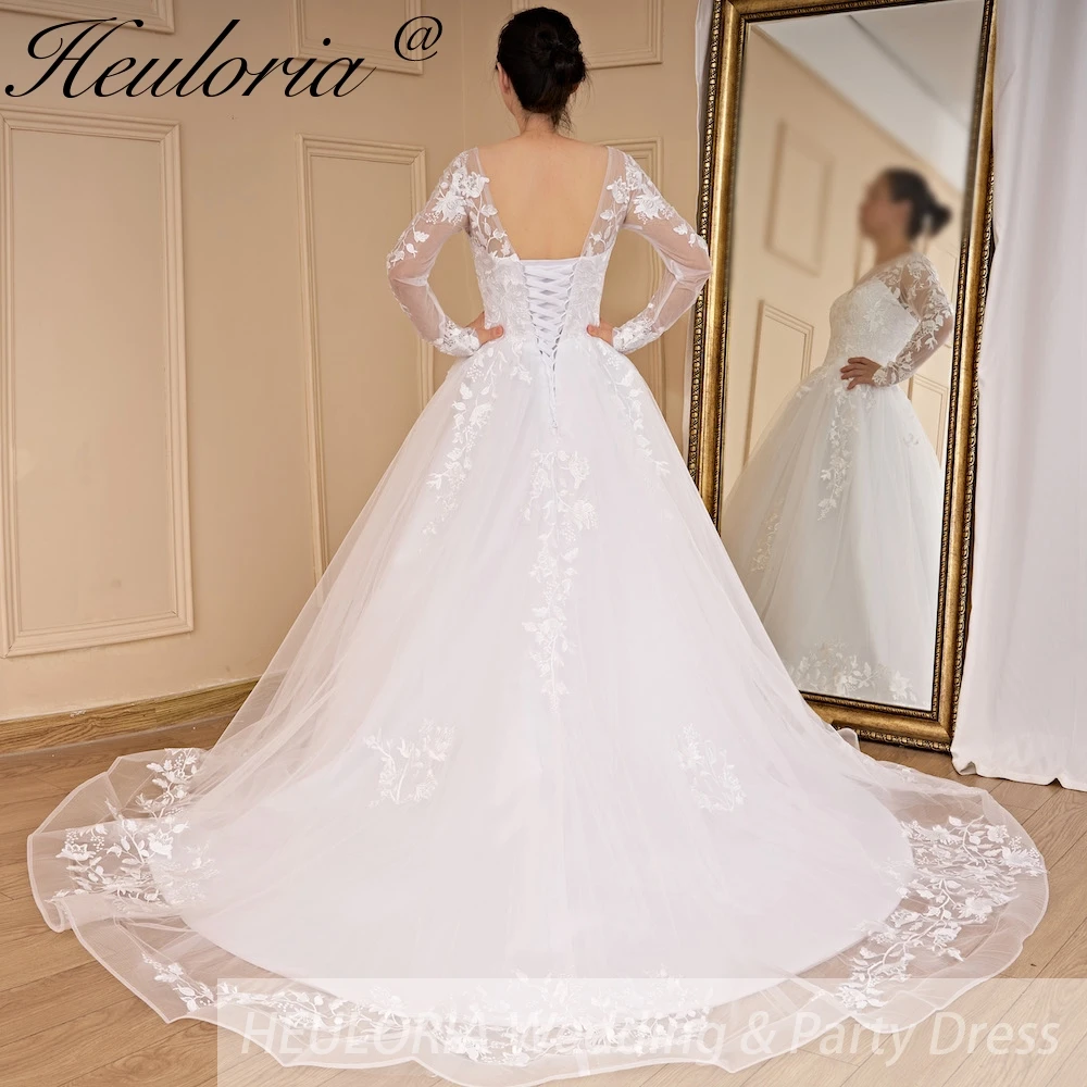 Heiloria-vestido de novia de princesa, prenda de manga larga con apliques de encaje, talla grande, con cordones