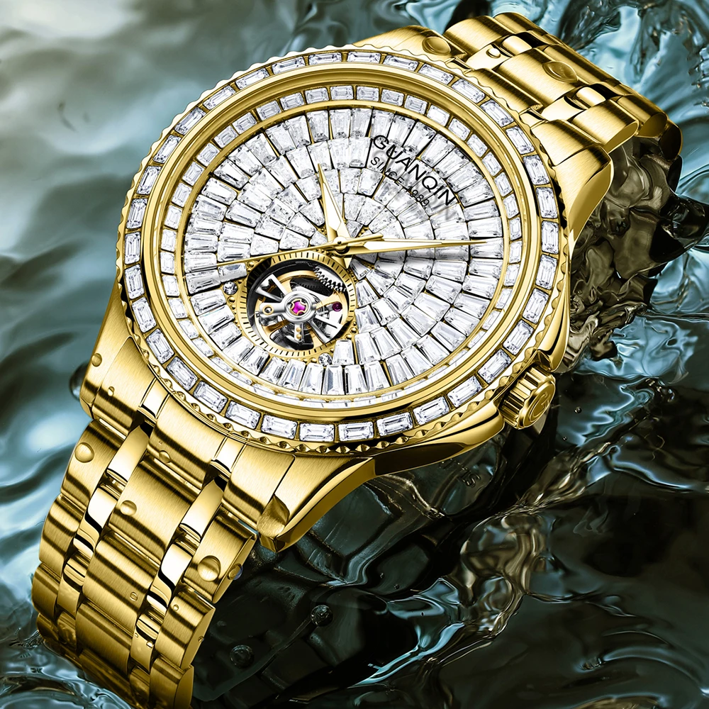 Men's Luxury Gold Plated Automatic Watch Skeleton Dial with Diamonds Luminous Hands Mechanical Wristwatch for Men Gift