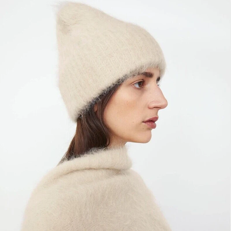 Alpaca Wool Hand-pulled Flanged Hat is Versatile Warm Solid Color Fuzzy Knitted wool Hat Winter Lady woman