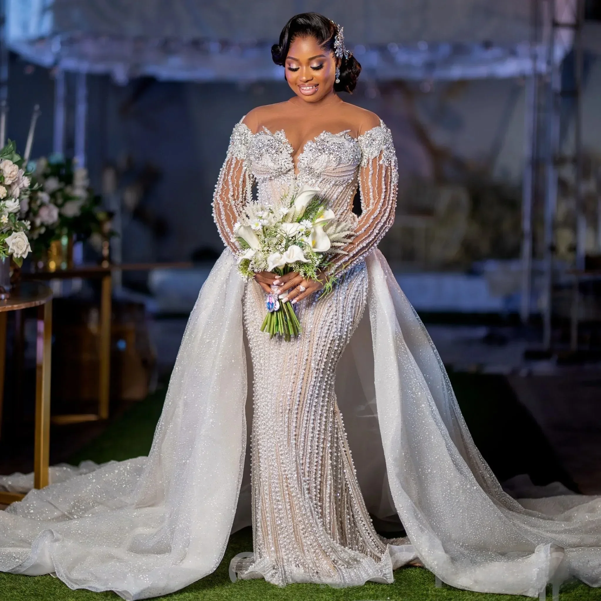 

Customized Arabic Plus Size Luxurious Mermaid Wedding Dress Beaded Crystals Detachable Train Bridal Gowns Dresses