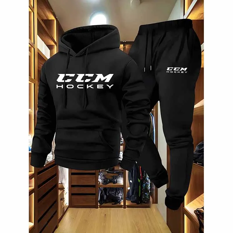 

CCM Men's Casual Athletic Two-Piece Outfit Long Sleeve Hooded Sweatshirt And Joggers Set in Black And Beige with CCM Print