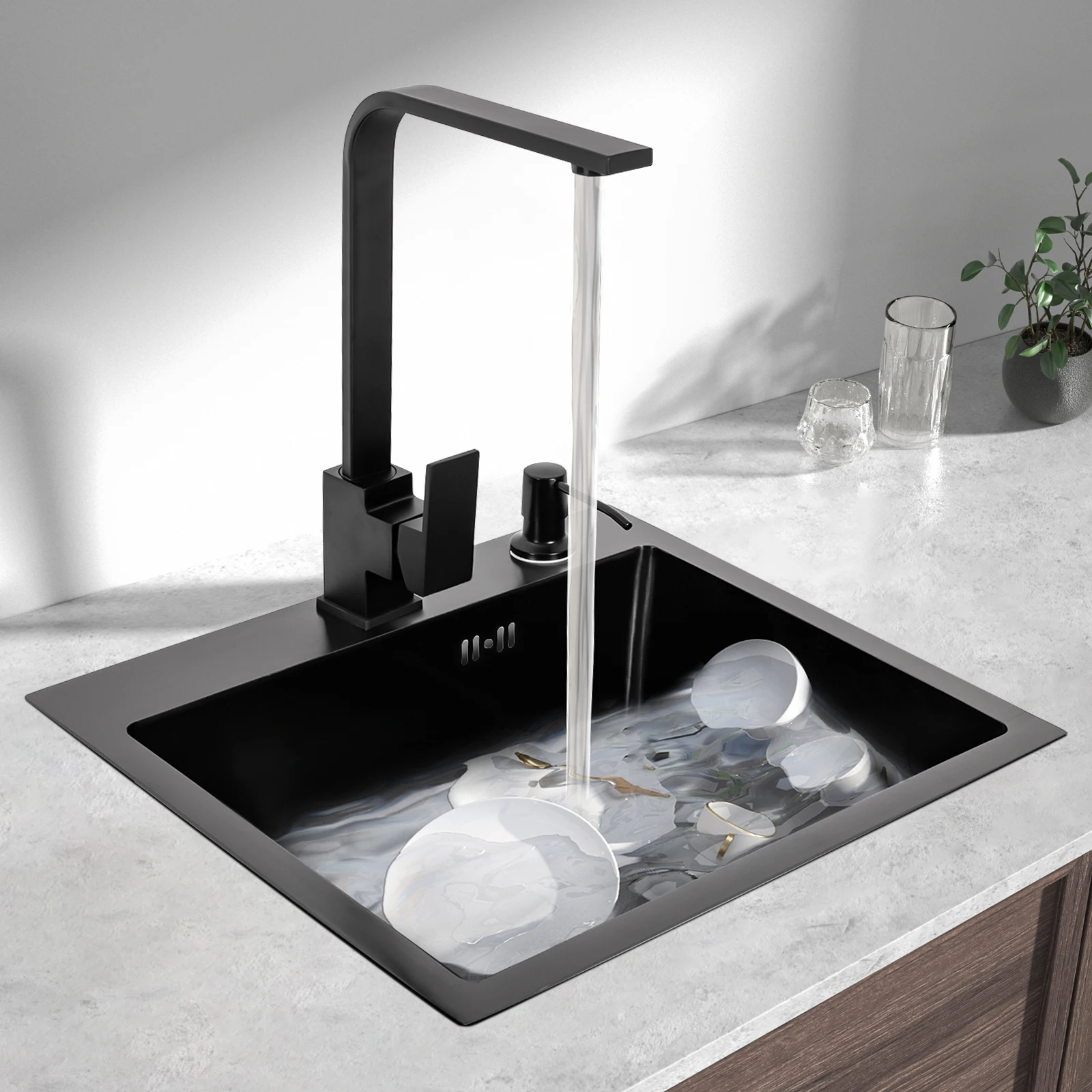 Kitchen Sink Black Stainless Steel Single Bowl Sink with Faucet