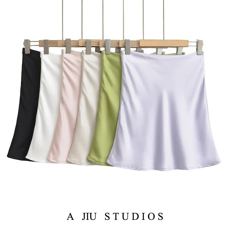

Silky Satin Acetate f Skirt Women's Summer New Side Hidden Zipper A-Line Fi Tail Skirt ort Skirts Street Sle