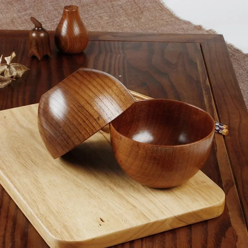 1PC Japanese Style Wooden Bowl Natural Tableware for Fruit Salad Noodle Rice Soup Kitchen Utensil Dishes Handmade Crafts