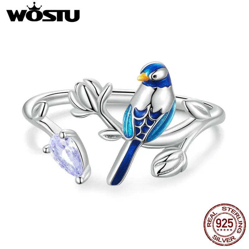 WOSTU 100% 925 Sterling Silver Bird Open Ring For Women Party Engagement flower bird style ring Fine Jewelry Gifts