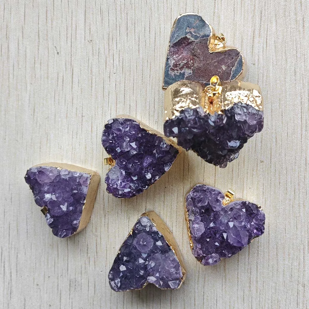 Beautiful Natural Raw Ore amethysts stone druzy good quality Heart pendants for jewelry making 6pcs/lot wholesale Fast shipping