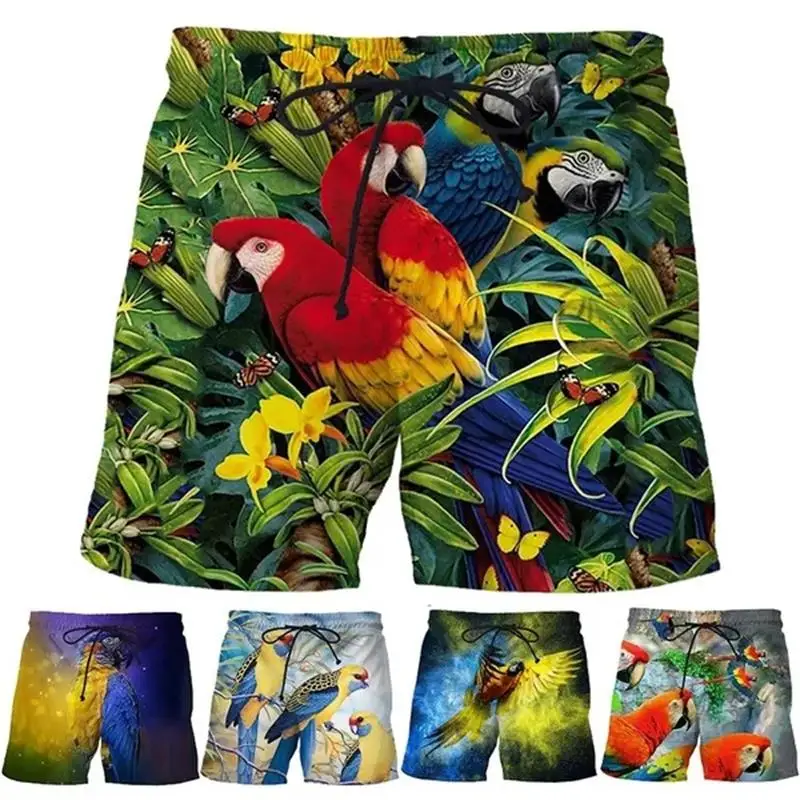 Fashion Macaw Parrot Beach Shorts Men Cool 3D Printed Macaws Palm Flowers Board Shorts Swimsuit Swim Trunks Funny Kid Ice Shorts