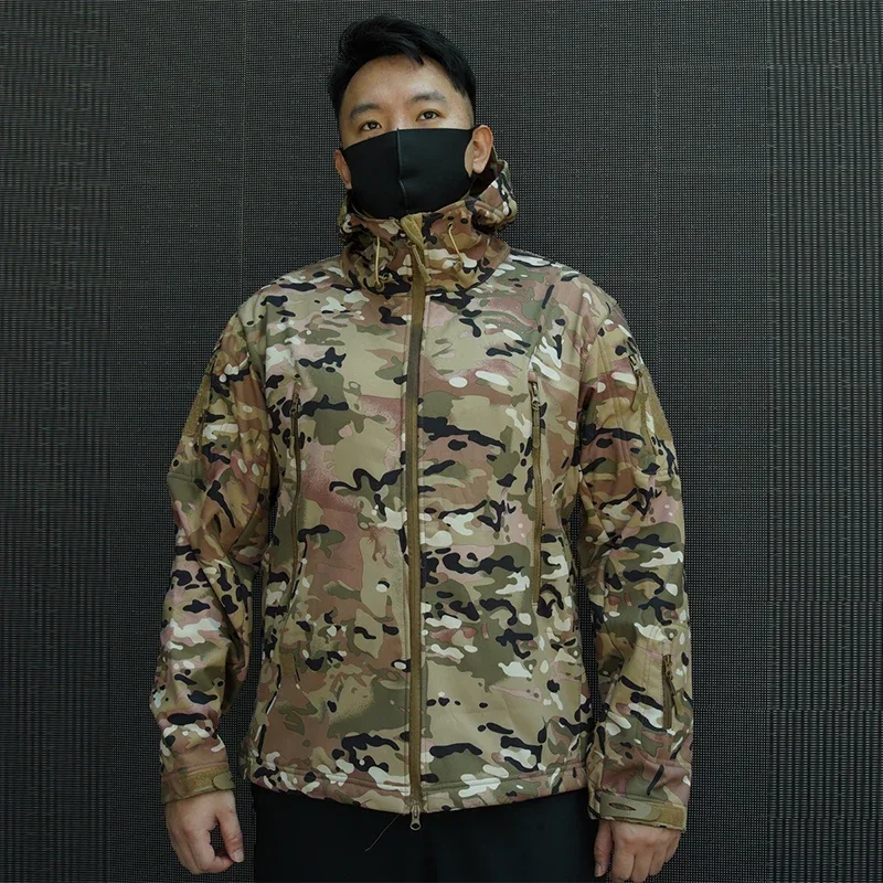 Men's CP Camouflage Fleece Diving Suit Waterproof Soft Shell Windproof Winter Hooded Jacket Hunting Suit Windbreaker