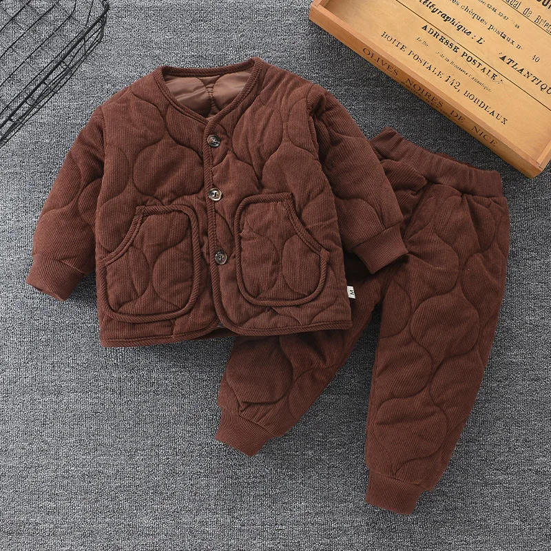 2024 Children\'s Winter Thickened Two Piece Boys Solid Color Warm Set Girls Autumn New Cotton Casual Buttons Sports Suit 2-6 Year