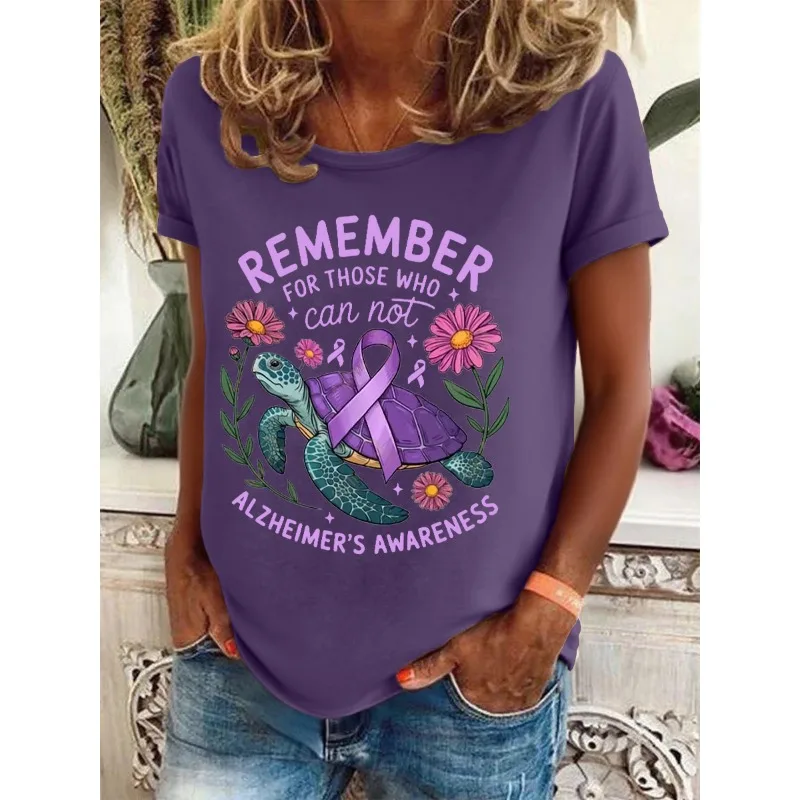 Hot Sale Women's Alzheimer's Awareness Print T-Shirts Summer Casual Loose Short Sleeve Round Neck Tops