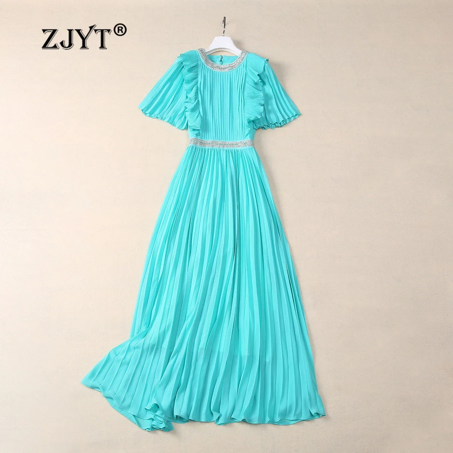 

ZJYT Luxury Elegant Long Dresses for Women 2024 Ruffles Patchwork Beading Evening Party Dress Pleated Vestidos Female Robes Red