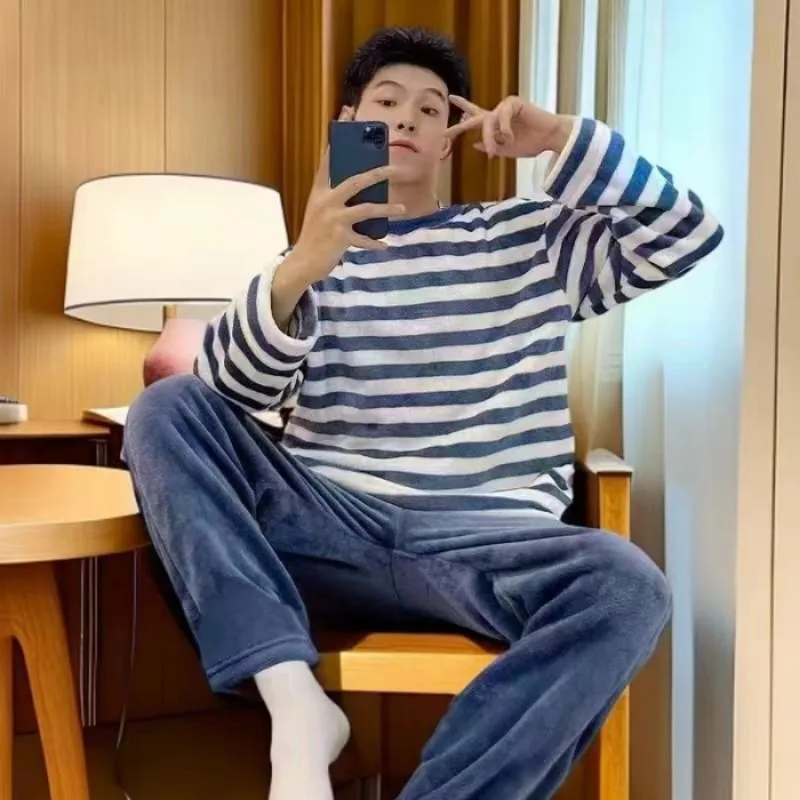Embroidery Men's Strip Pajamas Autumn and Winter Thickened Warm Long-sleeved Trousers Coral Fleece Homewear Men's Clothing