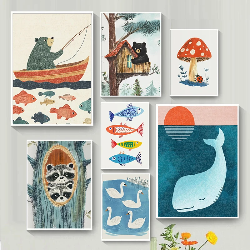 Clever Natural And Cute Colorful Cartoon Animal Art Posters Canvas Printing Daycare Homes Children's Rooms Wall Decor Paintin