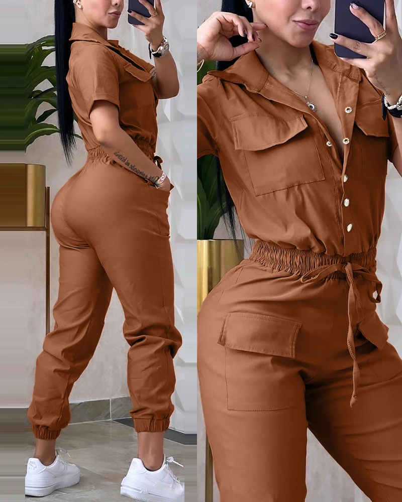 

Women's Fashionable Summer New Jumpsuit Solid Color High Waisted Workwear Jumpsuit Temperament Commuting Casual Jumpsuit