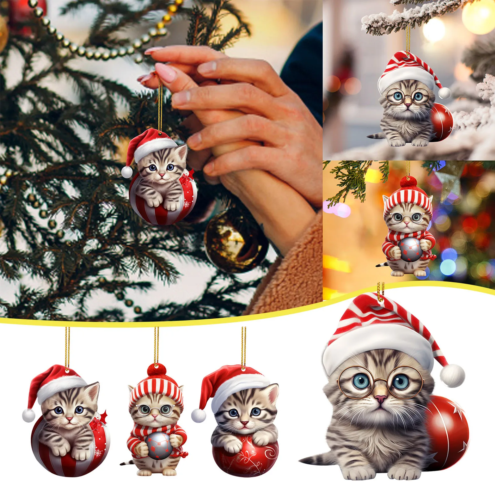 Acrylic Cartoon Cat Pendant Holiday Decorations Christmas Tree Ornaments 1pcs Xmas Gift Box Car Swinging Pendant Supplies Toys