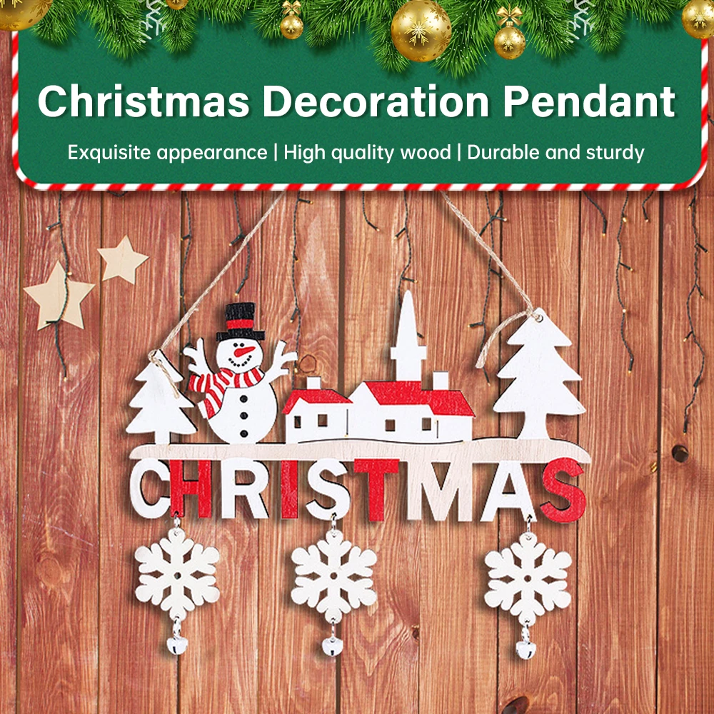 2025 Santa Claus Door Wooden Hanging Ornament Merry Christmas Snowflake Ringing Bell Pendant Xmas New Year DIY Home Decoration