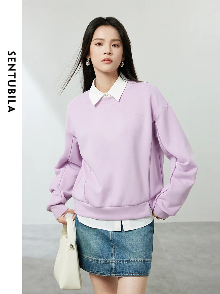 SENTUBILA Round Neck Casual Sweatshirt 2024 Spring Simple Loose Solid Womens Pullovers Long Sleeve Tops Sweatshirts 141A53790