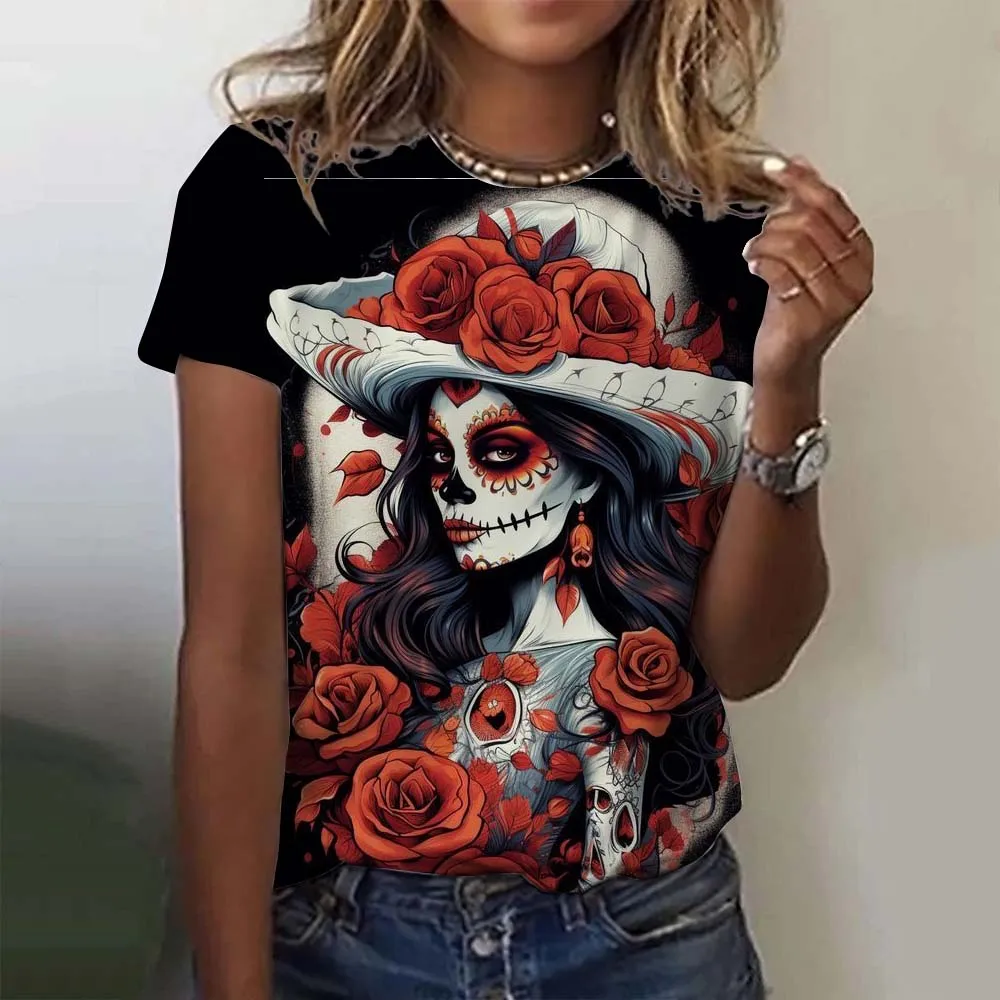 Mode Frauen T-Shirt für Mädchen Sommer Kurzarm lässig sexy Mädchen Kleidung Horror Untoten Schädel Muster übergroße T-Shirts