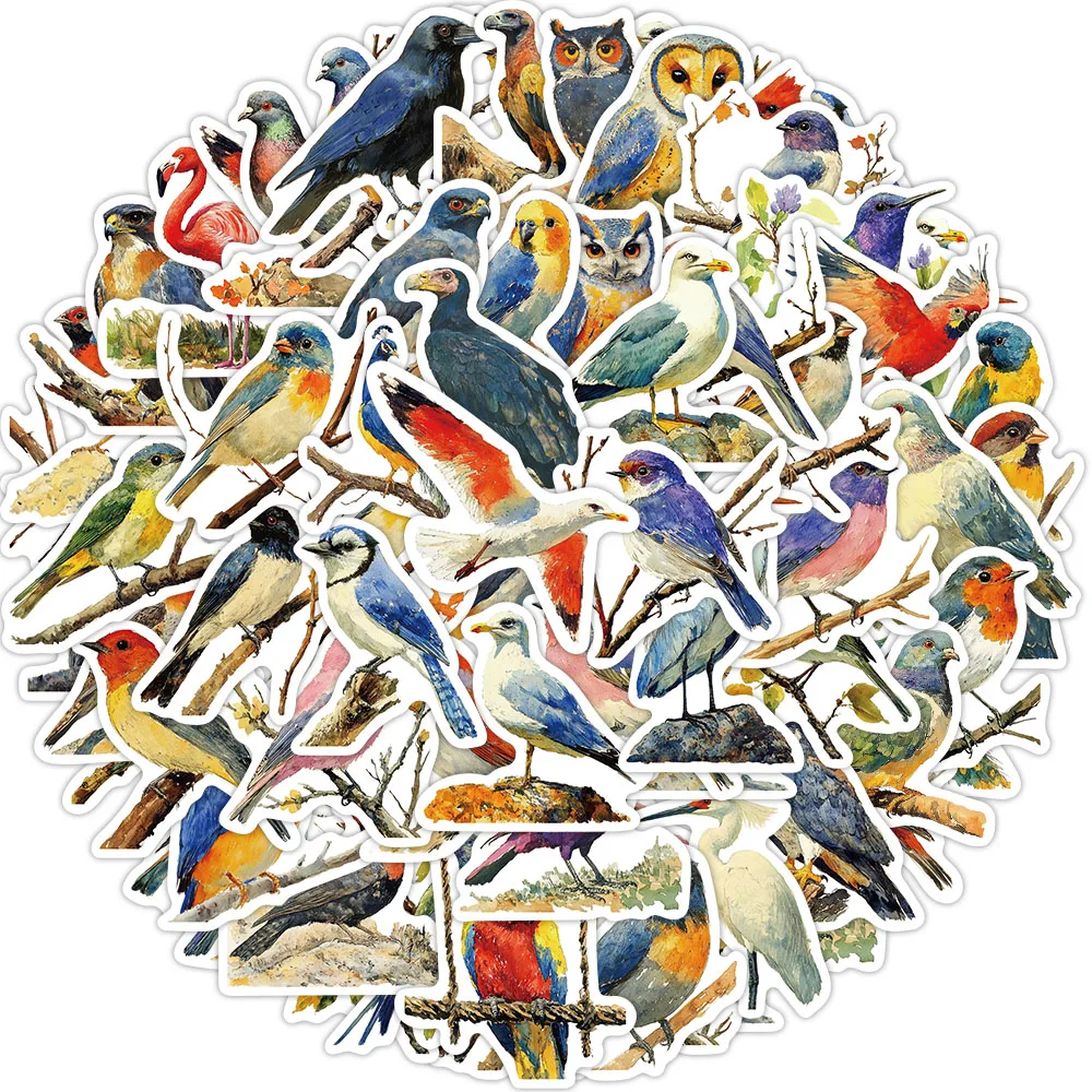 50 peças adesivos de pássaros estranhos em pintura em aquarela, bagagem, notebook, copo de água, decoração de arte diy, adesivos à prova d'água, brinquedo