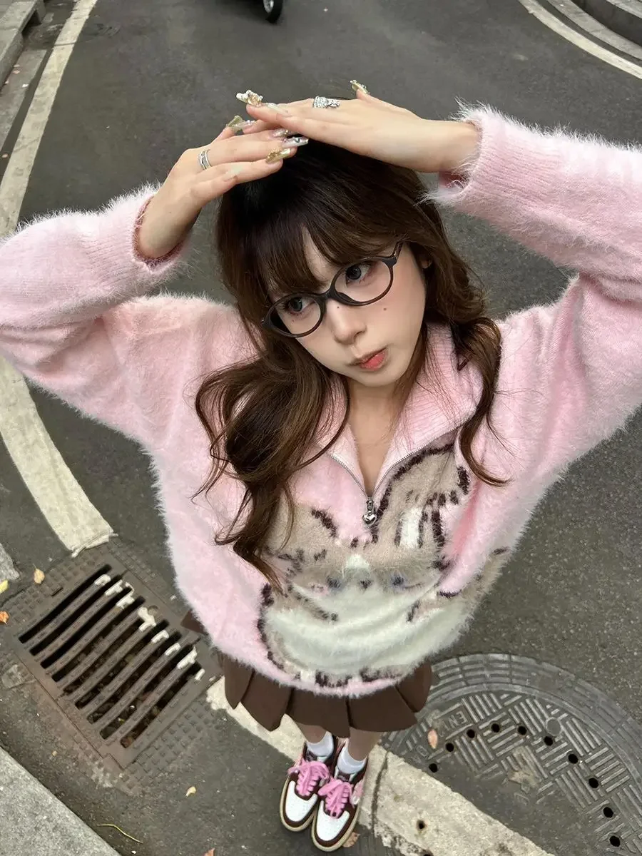 

Gagaok Half High Neck Plush Rabbit Sweaters Women Autumn Winter Furry Knitted Sweater Top Korean Fashion Gentle Pullover