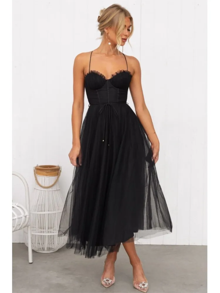 

Sexy Suspender Chest Wrapped Mesh Long Dress Summer New Women's Chiffon Evening Dress Lace Up Waist Cinching Party Dress