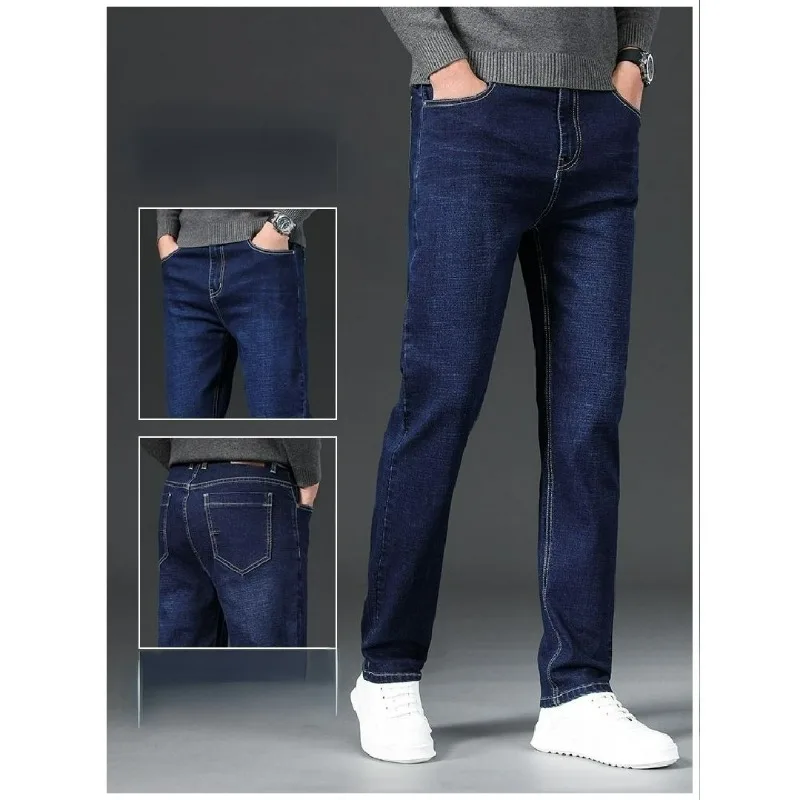 Men Jeans Elastic Deep Crotch Autumn Winter Thick Middl-Aged Elderly Dad Trousers Loose Casual StraightLeg High-Waisted Trousers