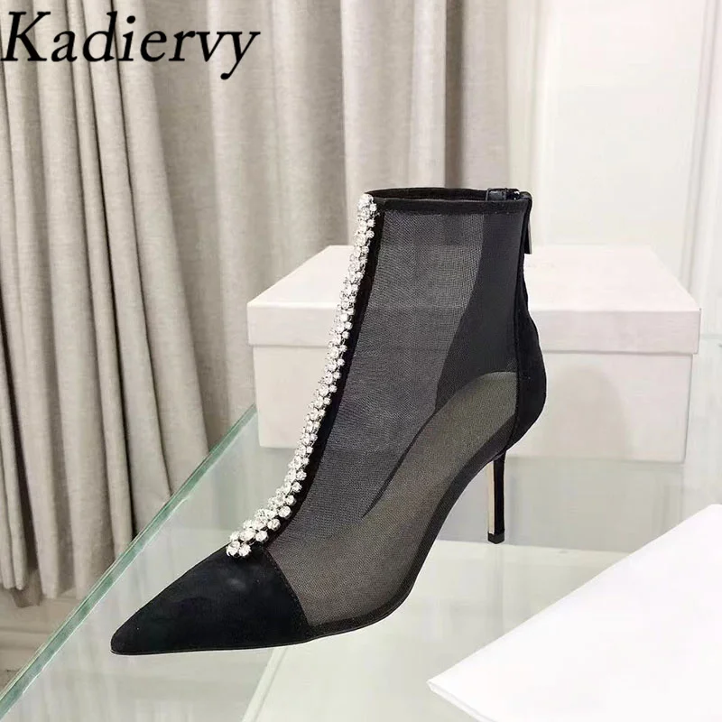 

Sexy High Heels Ankle Boots Women Mesh Hollow Outs Runway Shoes Woman Pointed Toe Stiletto Rhinestone Short Boots Woman