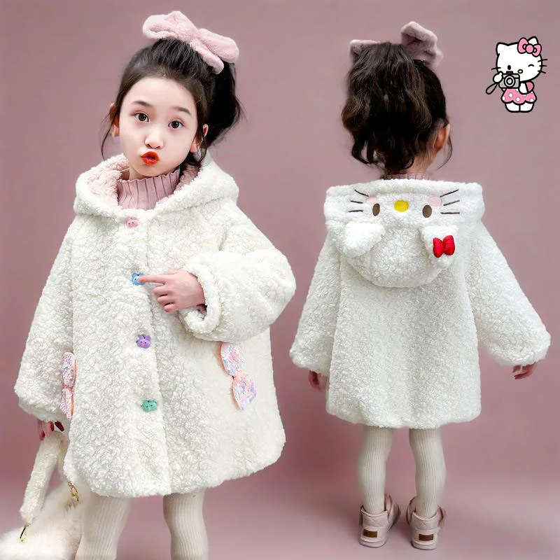 

Зимнее пальто с капюшоном на флисовой подкладке для девочек, милое сохраняющее тепло пальто средней длины на открытом воздухе, плюшевая куртка с хлопковой подкладкой с героями мультфильмов, Рождественский подарок