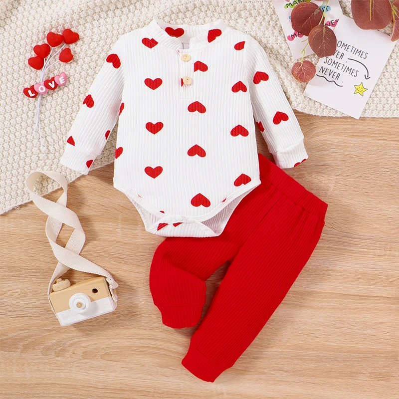 

Suefunskry Infant Baby Girl Valentine's Day Set, Long Sleeve Mock Neck Heart Print Romper +Elastic Drawstring Waist Ribbed Pants