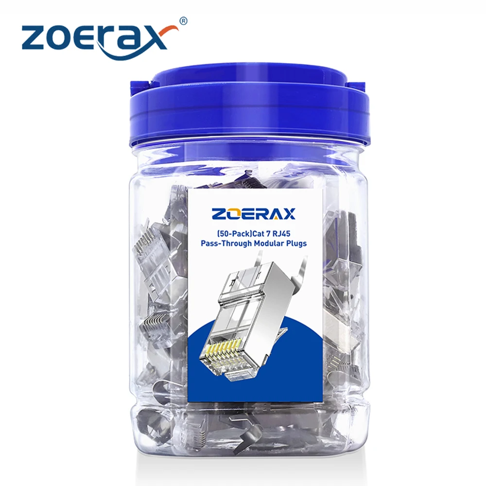 ZoeRax 50-Pack Shielded RJ45 Cat7 Cat6A Pass Through connectors - 3 Prong 8P8C 50U Gold Plated 2-Piece Ethernet Cable Plug