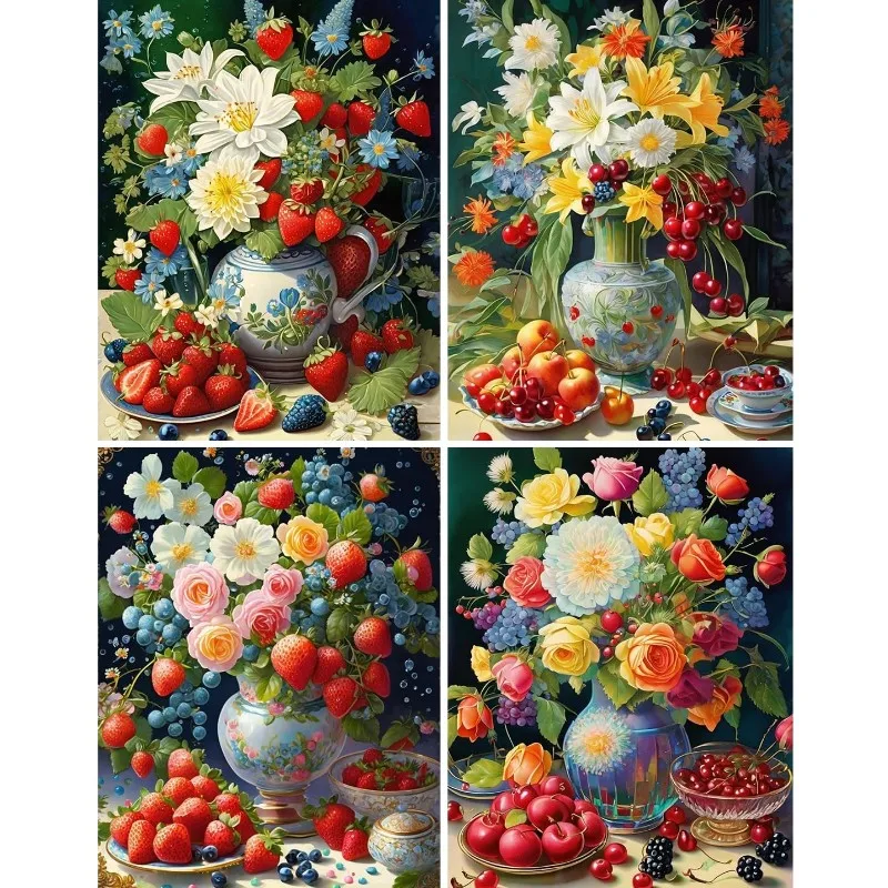 

Full Drills 5D Diy Mosaic Cross Stitch Bucket of Strawberries with Flowers Diamond Painting Embroidery Animal Rhinestones Art
