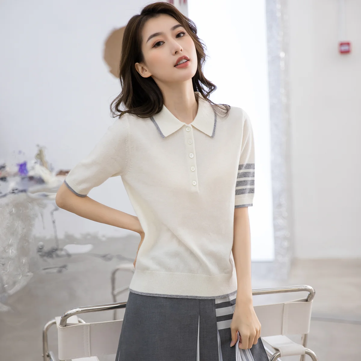 Z909 High quality luxury women's fashion brand 50% merino wool 50% cashmere knitted pullover short sleeve polo shirts sweater