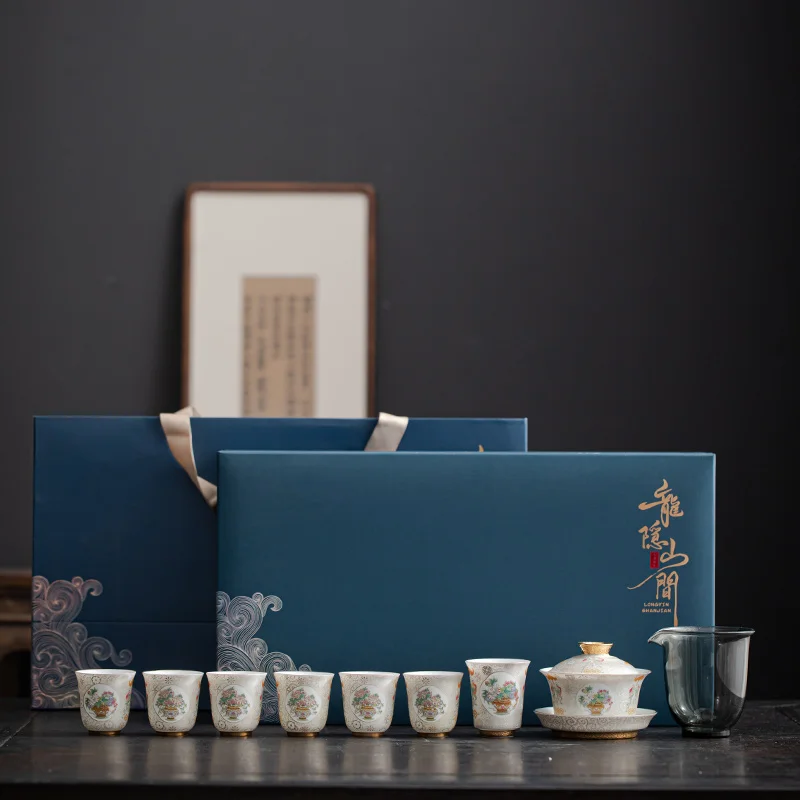 Handmade Cloisonne Silver Ceramic Enamel Kung Fu Tea Set Chinese Style Light Luxury High-End Household Cover Teacup Gift Box