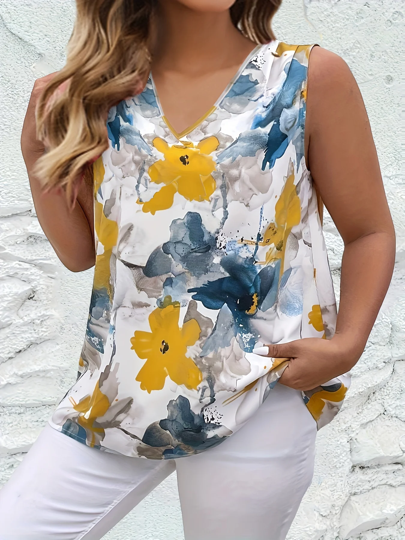 

Элегантный направленный женский жилет без рукавов с цветочным принтом и картиной маслом