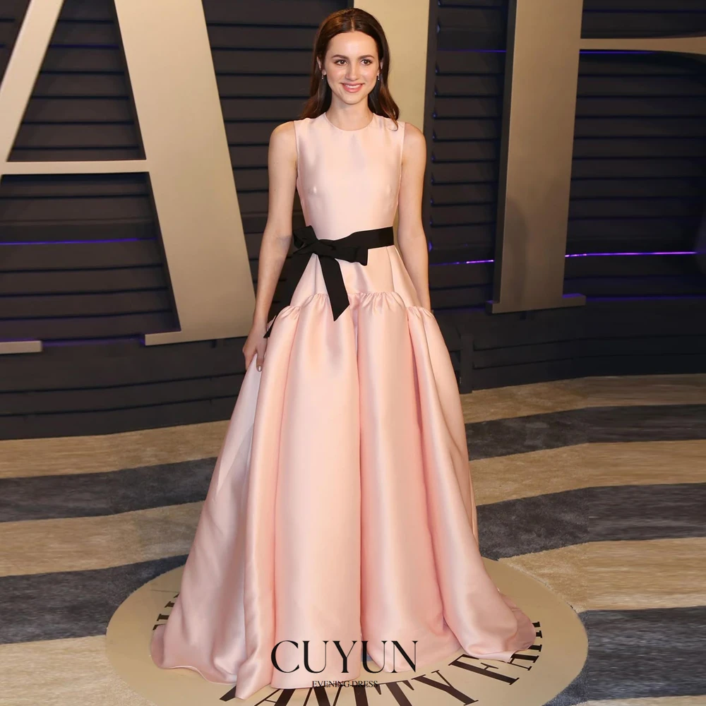 

CUYUN Princess Pink Birthday Party Dresses O-Neck Sleeveless A Line Evening Dresses Satin Customized Prom Gown Homecoming Dress