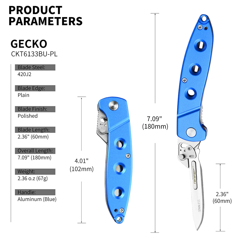 Tonife Gecko Quick Replacement Loading Folding Knife Portable Utility Knife w/ 5 Replaceable Blades, Carabiner & Nylon Sheath