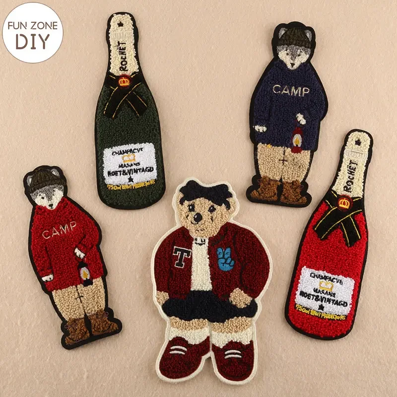 FZdiy Cartoon Bear Bottle Patches for Clothing Sewing Patch Tower Embroidery Applique Felt Fabric Chenille Sew on Patches