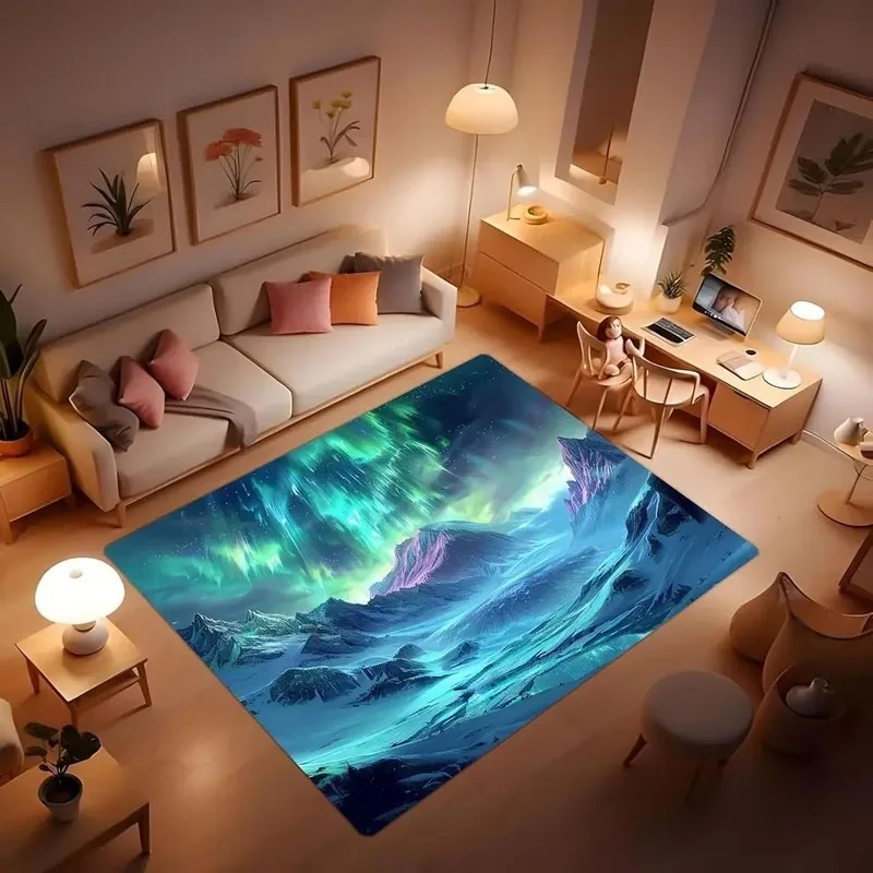 Aurora Snow Mountain 3D Visual Illusion Non Slip Flannel Rug Home Decor Floor Mat Soft Cozy Washable Living Room