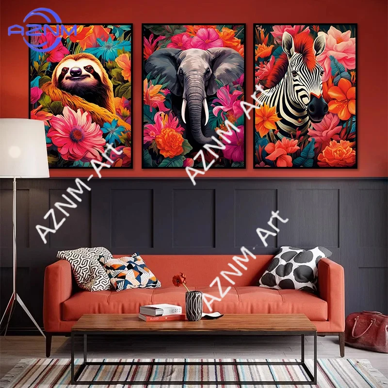 Giraffe Zebra Elephant Leopard Sloth Jungle Animals Flowers Poster Wild Life Print Canvas Paintings Wall Art Home Decor Picture