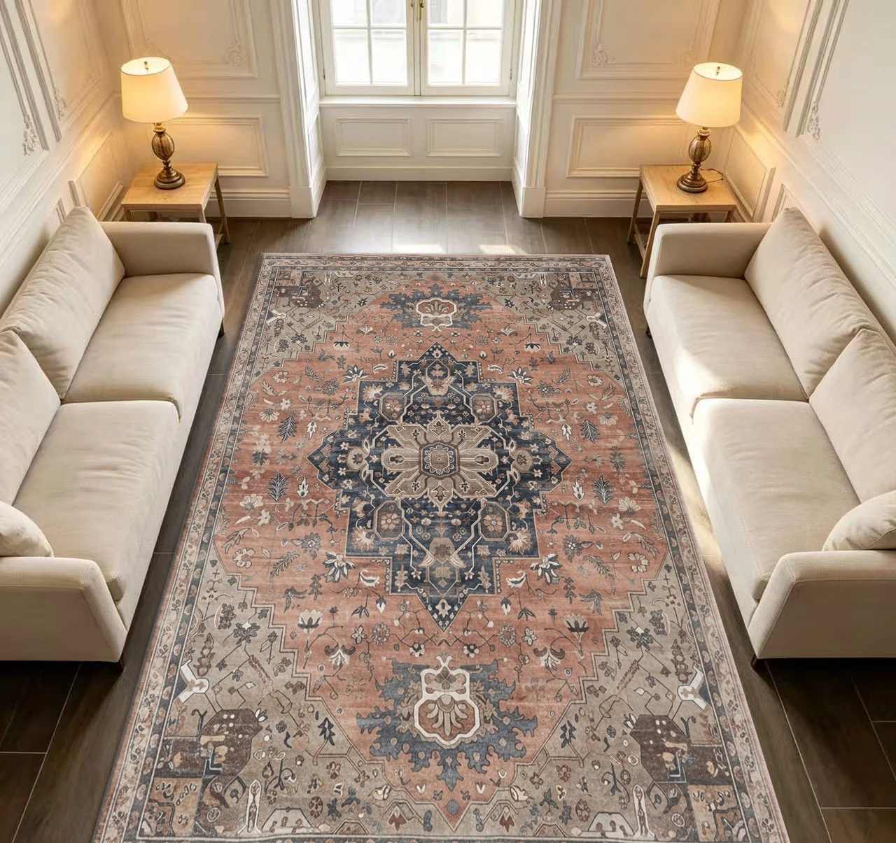 Vintage Floral Oriental Area Rug, Terracotta Brown Distressed Medallion Indoor Carpet for Living Room Bedroom