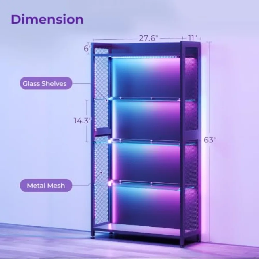 Display Case with Glass Shelves, RGB Light 4-Tier Display Cabinet view 2