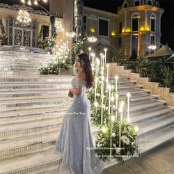 Xijun Glitter Baby Blue Mermaid Evening Dresses Sleevels Off The Shoulder Long Prom Dresses Saudi Arabric Prom Gowns Customized