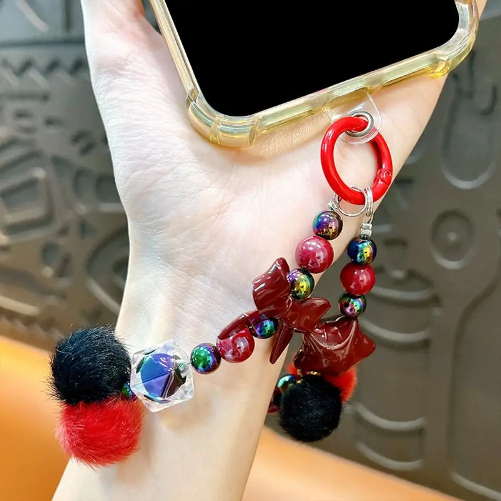 

Fashion Acrylic Candy Color Bead Lanyards Short Bag Charms Mobile Phone Straps Y2K Trinket Plush Ball Keychain New Year Gifts