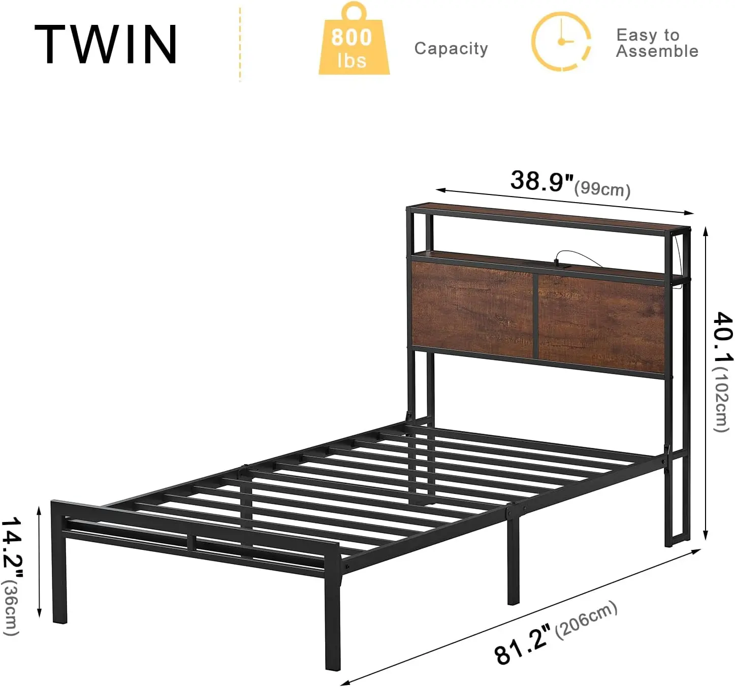 Dual size LED bed frame with headboard platform bed frame, equipped with 2 charging sockets and 2 USB ports